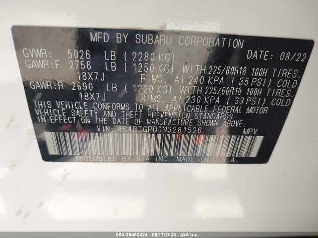 4S4BTGPD0N3281526 Subaru Outback Touring Xt