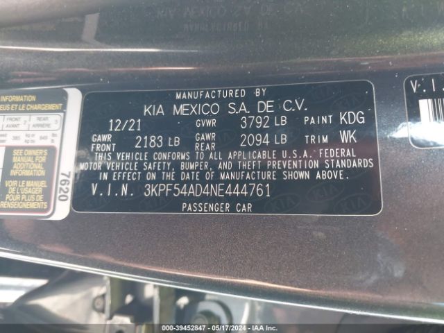 3KPF54AD4NE444761 KIA Forte Gt-line