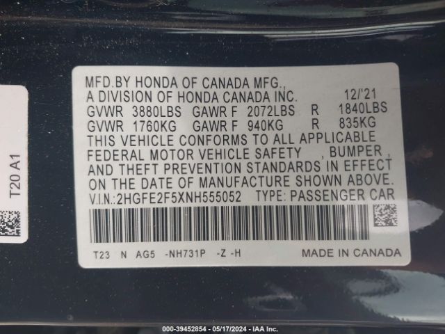2HGFE2F5XNH555052 Honda Civic Sport