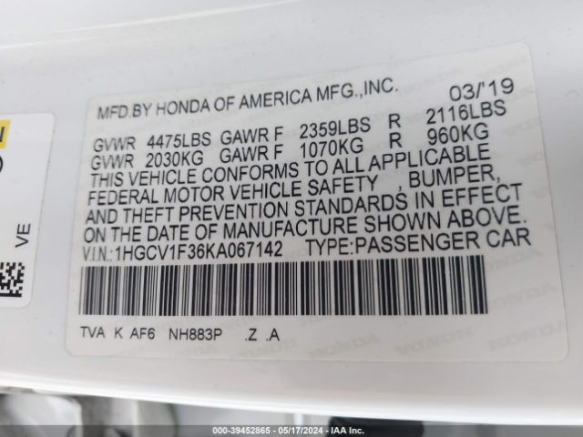 1HGCV1F36KA067142 Honda Accord Sport