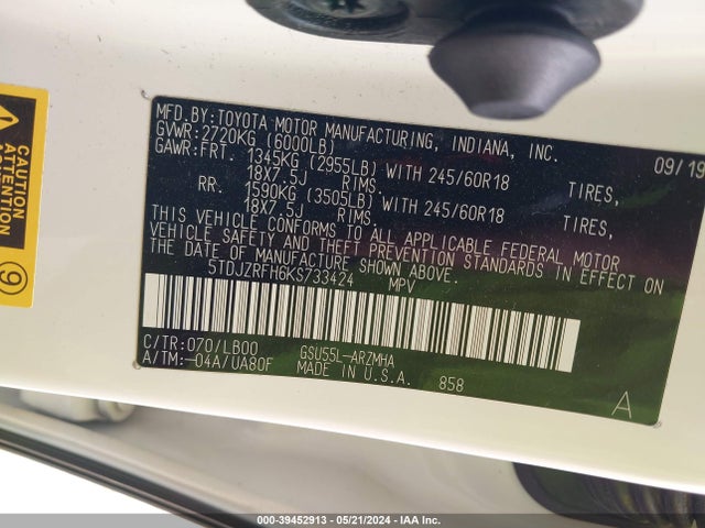 Toyota Highlander Xle 2019 5TDJZRFH6KS733424 Image 9