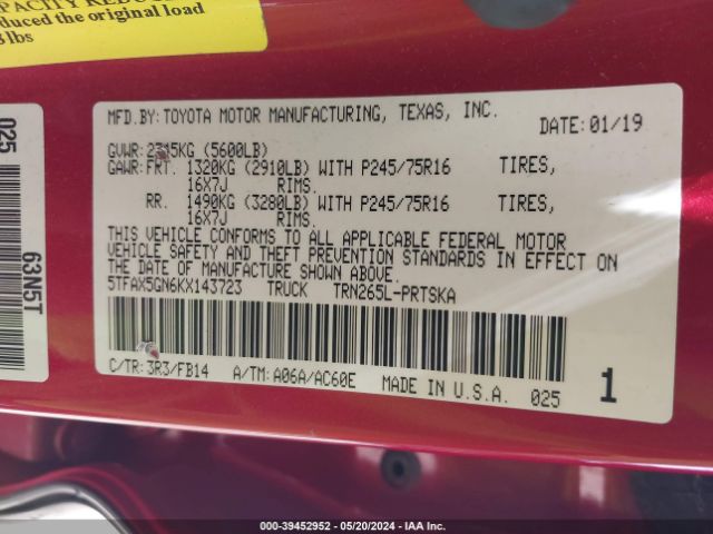5TFAX5GN6KX143723 Toyota Tacoma Sr