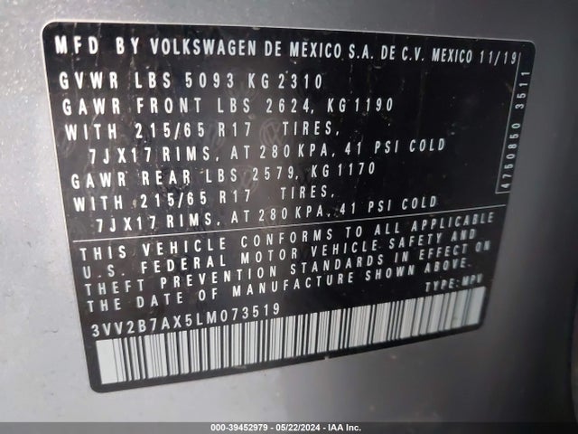 3VV2B7AX5LM073519 Volkswagen Tiguan 2.0t Se/2.0t Se R-line Black/2.0t Sel