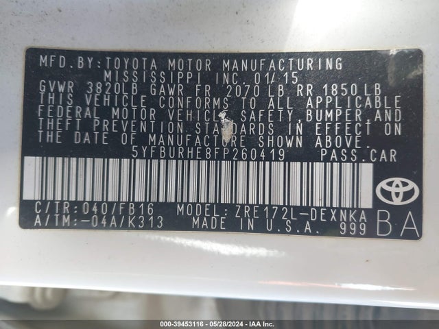 Toyota COROLLA LE 2015 5YFBURHE8FP260419 Image 9