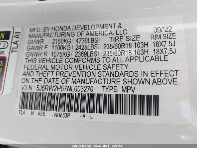 Honda Cr-v Awd Ex 2022 5J6RW2H57NL003270 Image 9