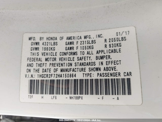 Honda ACCORD EX 2017 1HGCR2F72HA150864 Image 9