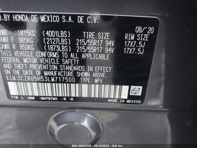 3CZRU5H53LM717500 Honda Hr-v 2wd Ex