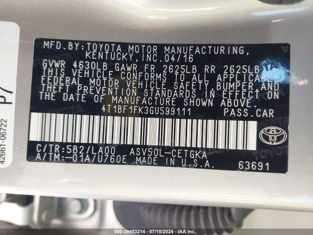 Toyota CAMRY XLE 2016 4T1BF1FK3GU599111 Image 9