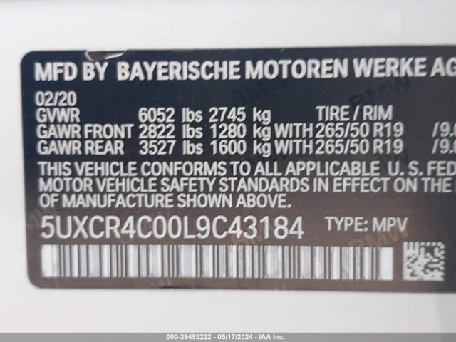 5UXCR4C00L9C43184 BMW X5 Sdrive40i