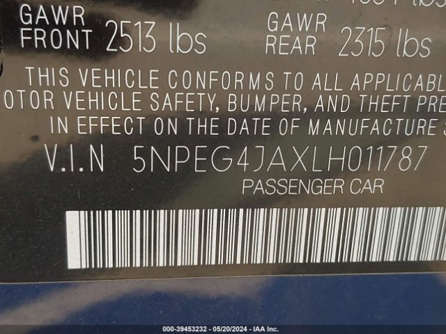 5NPEG4JAXLH011787 Hyundai SONATA SE