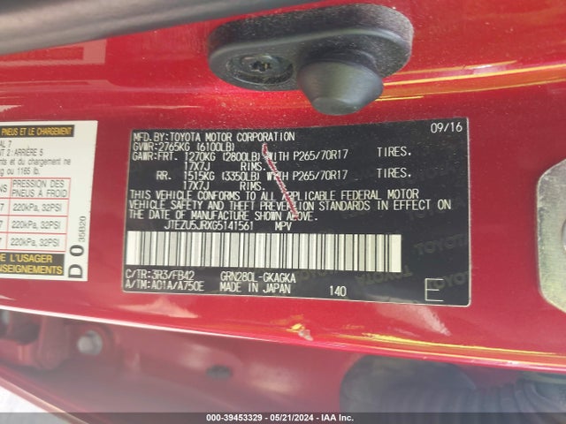 Toyota 4RUNNER SR5 2016 JTEZU5JRXG5141561 Image 9
