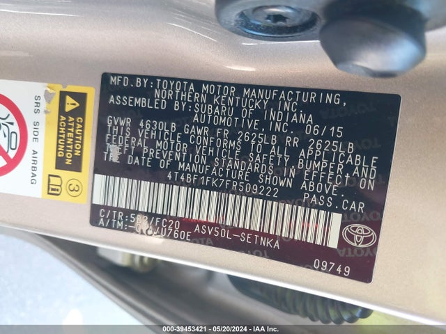 Toyota CAMRY LE 2015 4T4BF1FK7FR509222 Image 9