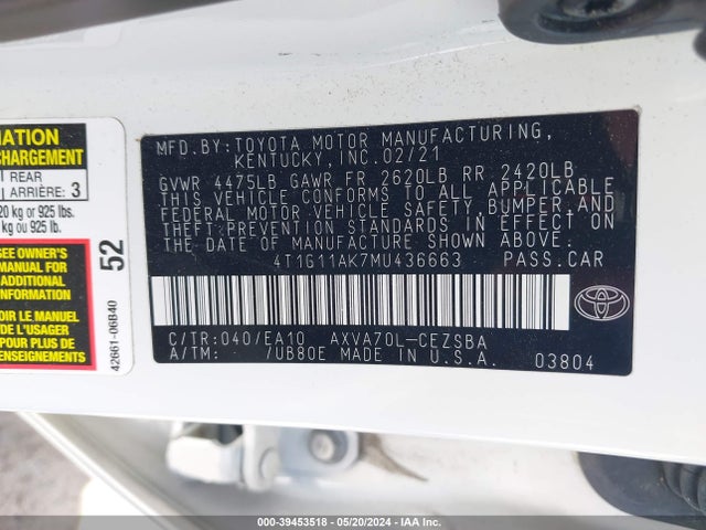 Toyota CAMRY SE 2021 4T1G11AK7MU436663 Image 9