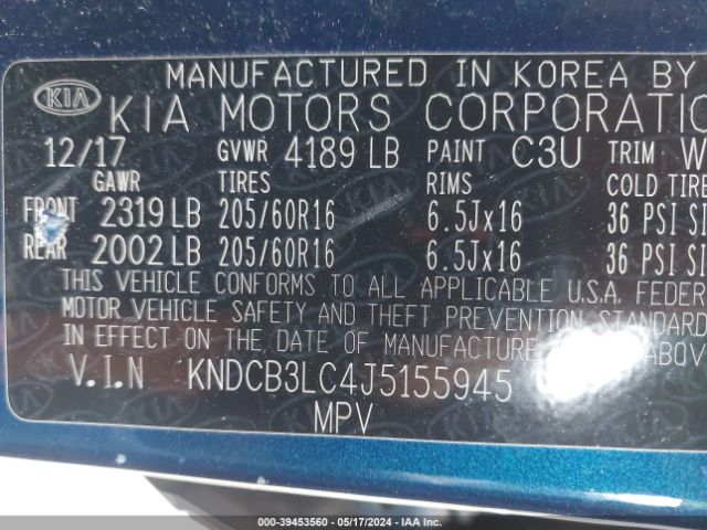 KNDCB3LC4J5155945 KIA NIRO LX