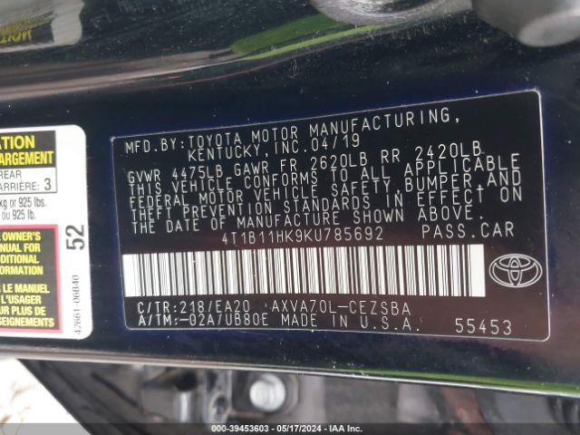 4T1B11HK9KU785692 Toyota CAMRY SE