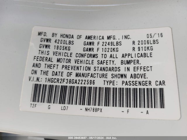 Honda ACCORD LX 2016 1HGCR2F38GA222596 Image 9