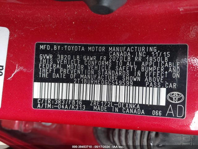 Toyota COROLLA LE 2016 2T1BURHE0GC549599 Image 9