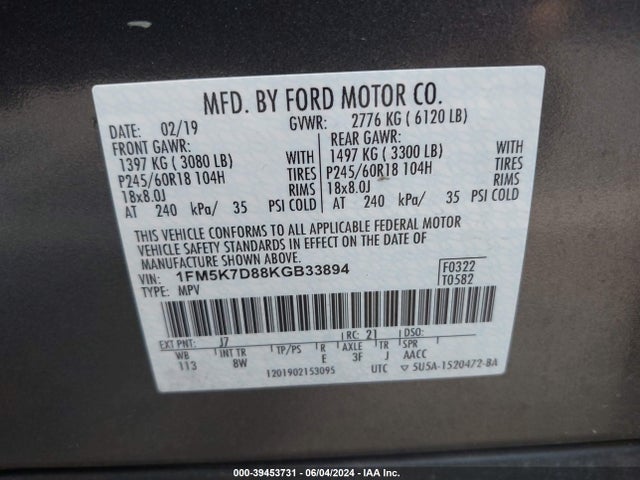 Ford EXPLORER XLT 2019 1FM5K7D88KGB33894 Image 9