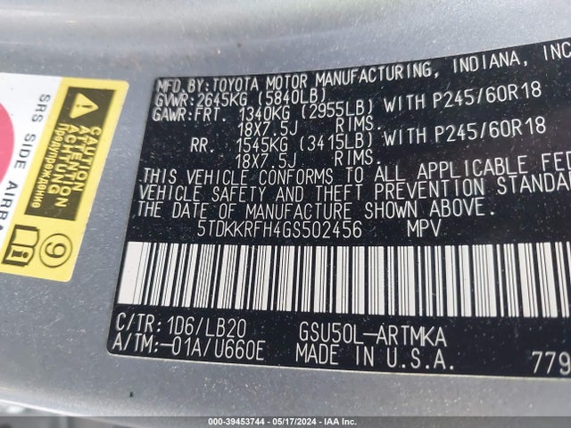 Toyota Highlander Xle V6 2016 5TDKKRFH4GS502456 Image 9