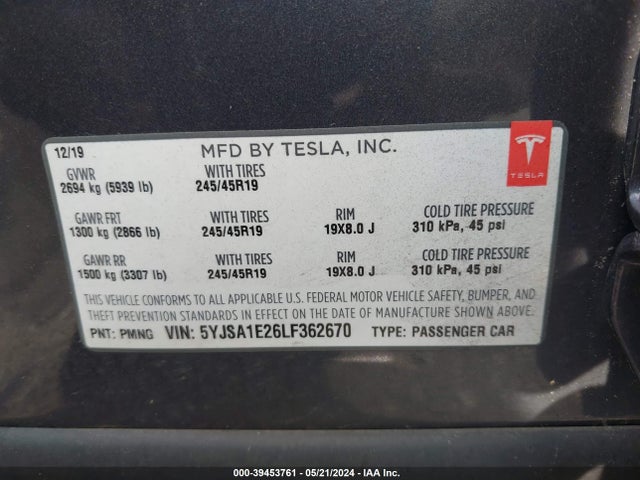 Tesla MODEL S 2020 5YJSA1E26LF362670 Image 9