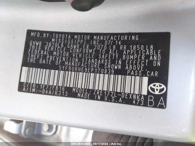 Toyota COROLLA LE 2014 5YFBURHE9EP170839 Image 9