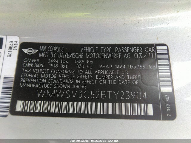 2011 MINI COOPER S WMWSV3C52BTY23904 Photo 8