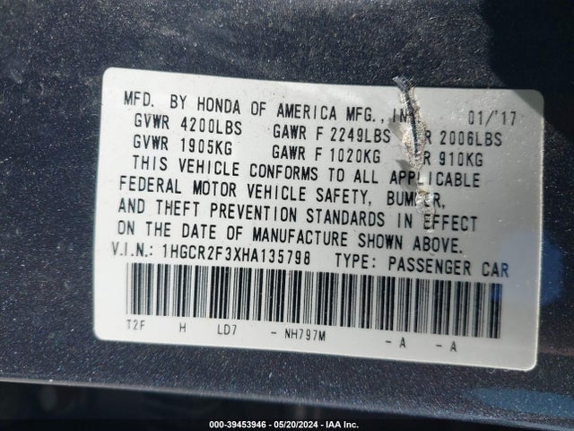 Honda ACCORD LX 2017 1HGCR2F3XHA135798 Image 9