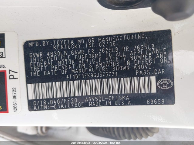 Toyota CAMRY SE 2016 4T1BF1FK9GU575721 Image 9