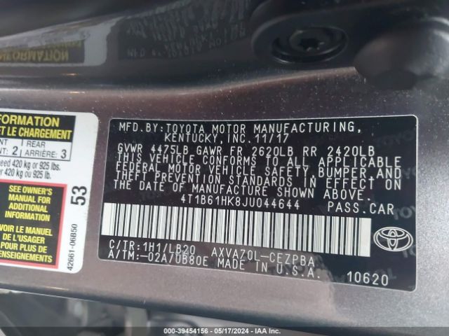 4T1B61HK8JU044644 Toyota CAMRY XSE