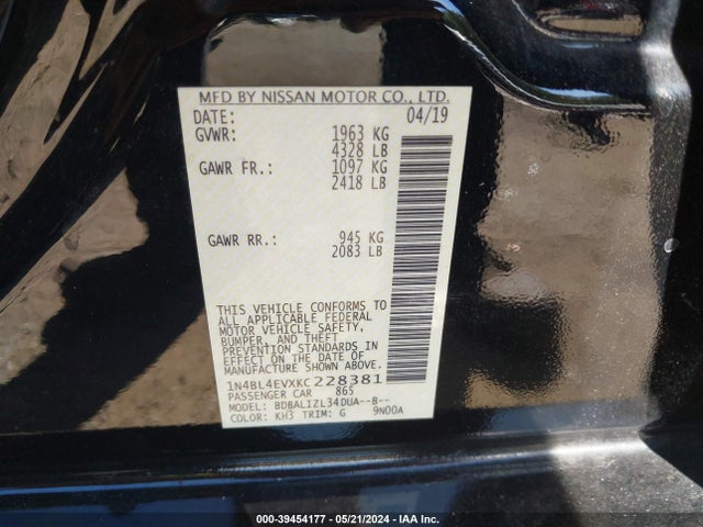 Nissan Altima 2.5 Sl 2019 1N4BL4EVXKC228381 Image 9