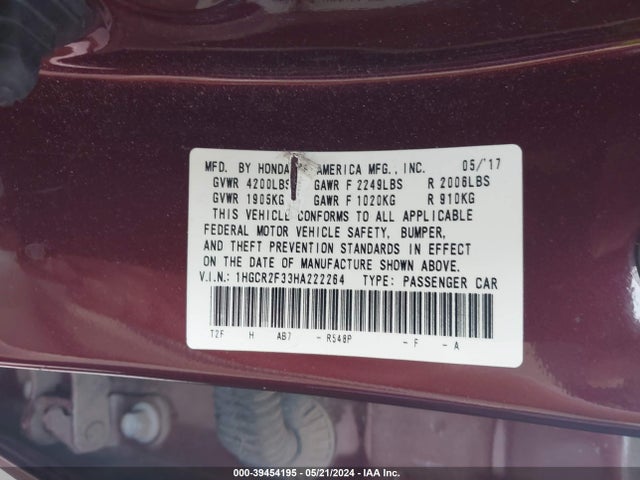 Honda ACCORD LX 2017 1HGCR2F33HA222264 Image 9