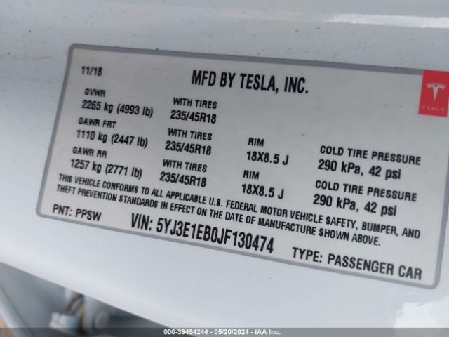 5YJ3E1EB0JF130474 Tesla Model 3 Long Range/performance