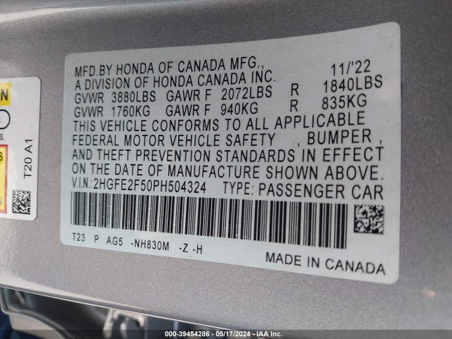 Honda Civic Sport 2023 2HGFE2F50PH504324 Image 9