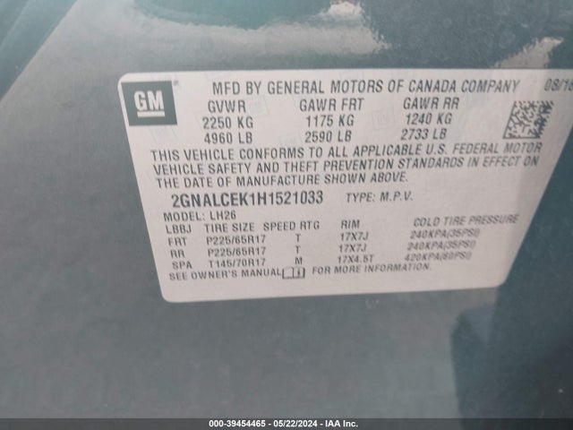 Chevrolet EQUINOX LT 2017 2GNALCEK1H1521033 Image 9