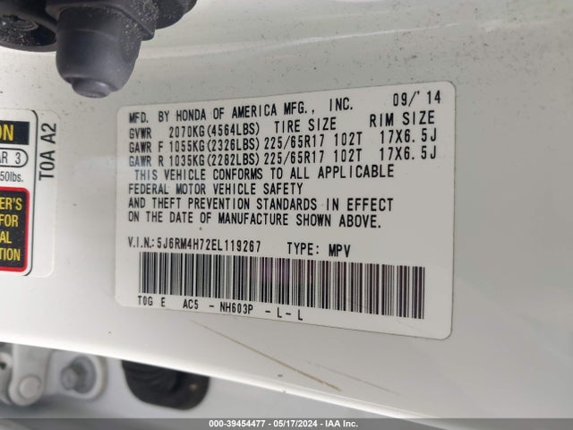 Honda Cr-v Ex-l 2014 5J6RM4H72EL119267 Image 9