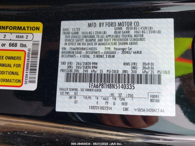Ford Mustang Ecoboost Premium Fastback 2022 1FA6P8TH8N5140335 Image 9