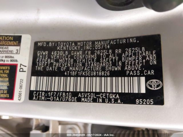 4T1BF1FK5EU818826 Toyota CAMRY XLE