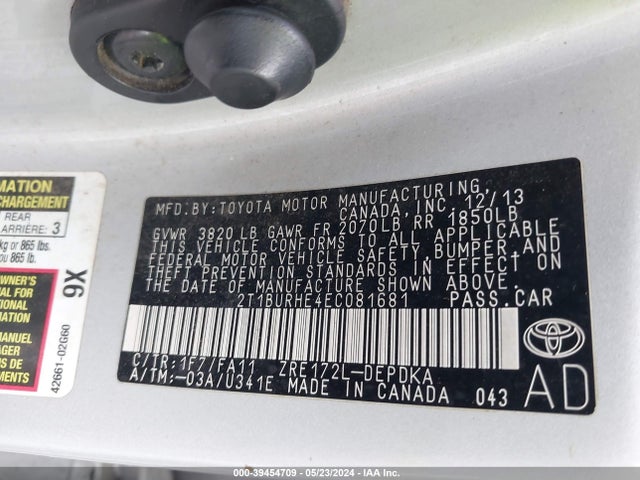 Toyota COROLLA L 2014 2T1BURHE4EC081681 Image 9