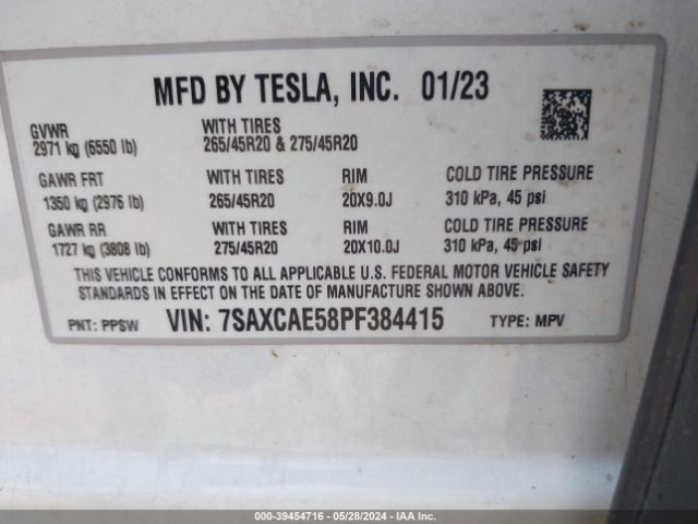 7SAXCAE58PF384415 Tesla Model X Dual Motor All-wheel Drive/standard Range