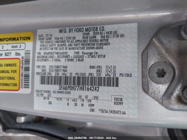 Ford FUSION SE 2017 3FA6P0H77HR164242 Image 9