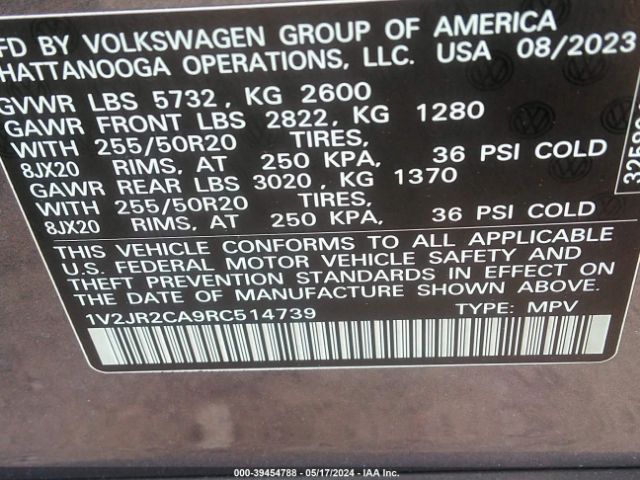 1V2JR2CA9RC514739 Volkswagen Atlas 2.0t Se W/technology