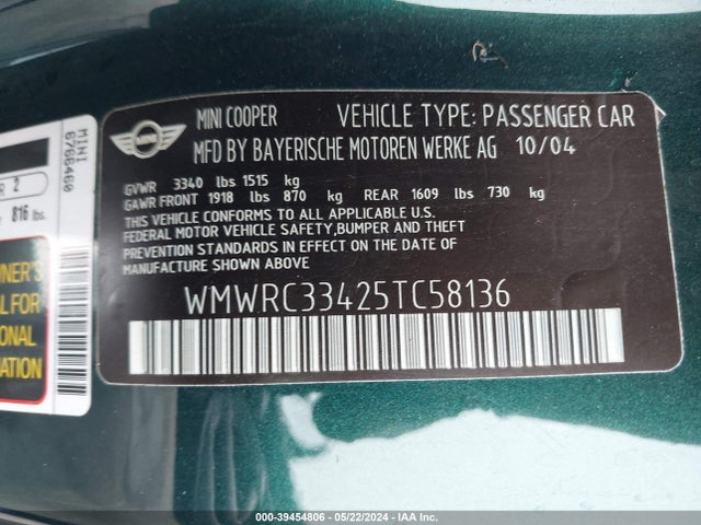 2005 MINI COOPER WMWRC33425TC58136 Photo 8