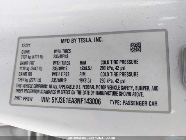 Tesla Model 3 Rear-wheel Drive 2022 5YJ3E1EA3NF143006 Image 9