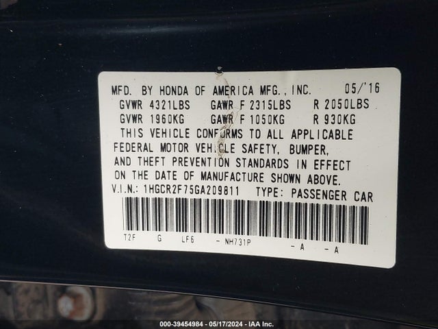 Honda ACCORD EX 2016 1HGCR2F75GA209811 Image 9