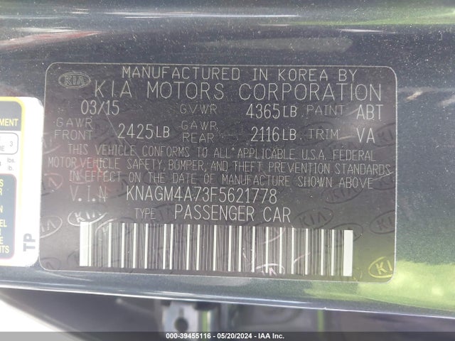 KIA Optima Lx 2015 KNAGM4A73F5621778 Image 9