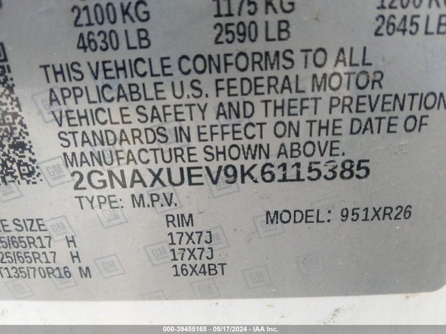 Chevrolet EQUINOX LT 2019 2GNAXUEV9K6115385 Image 9