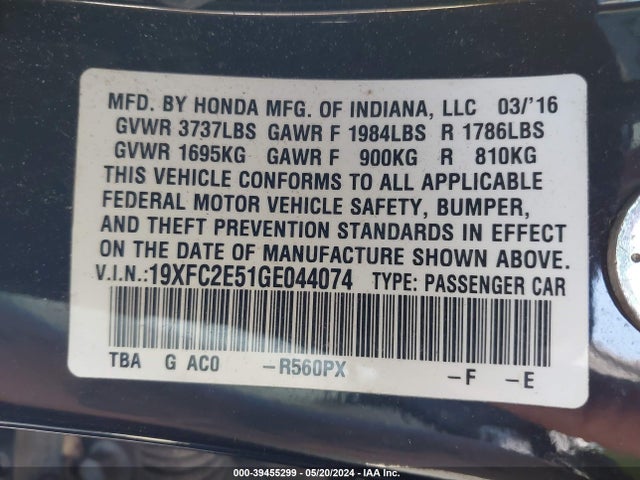 Honda Civic Lx 2016 19XFC2E51GE044074 Image 9