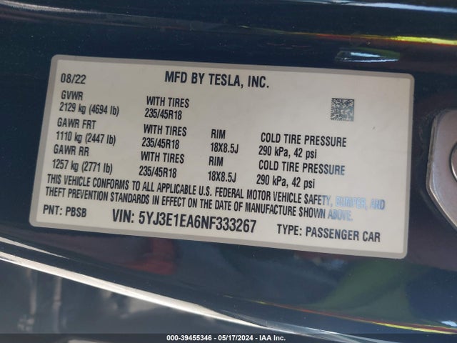 Tesla Model 3 Rear-wheel Drive 2022 5YJ3E1EA6NF333267 Image 9