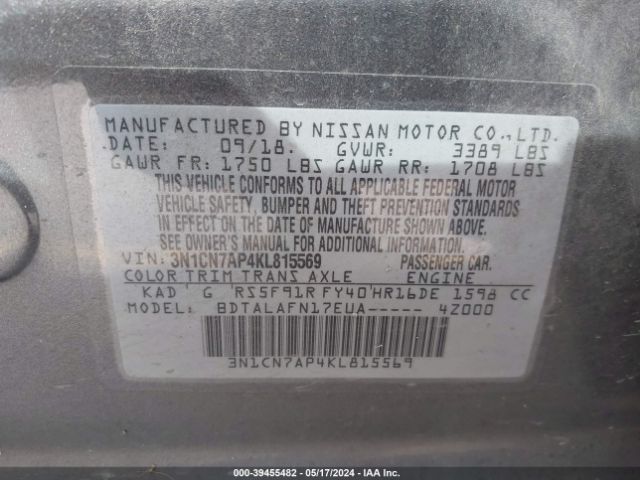 3N1CN7AP4KL815569 Nissan Versa 1.6 S