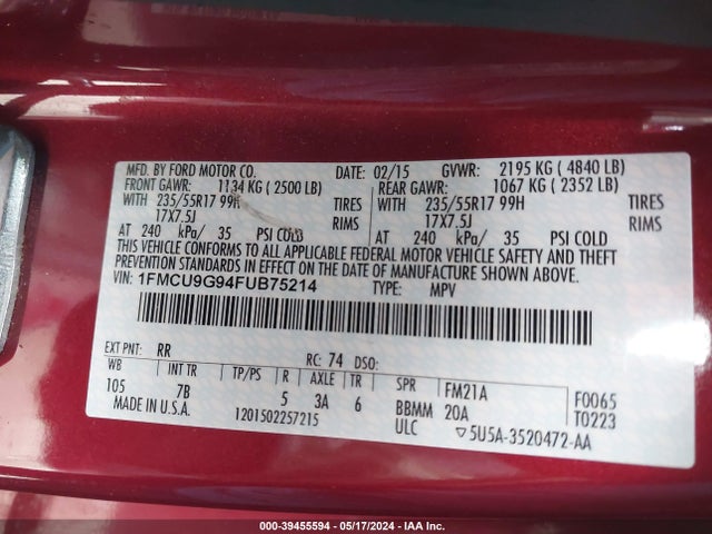 Ford ESCAPE SE 2015 1FMCU9G94FUB75214 Image 9